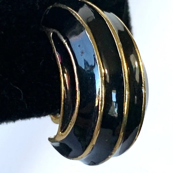 Napier Designer Vintage 1" Stud back Shiny Black Enamel Gold Filled Earrings - Picture 3 of 5